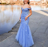 Blue Embroidery Prom Dresses Tulle Mermaid Formal Evening Dresses