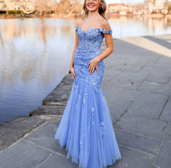  Blue Embroidery Prom Dresses Tulle Mermaid Formal Evening Dresses