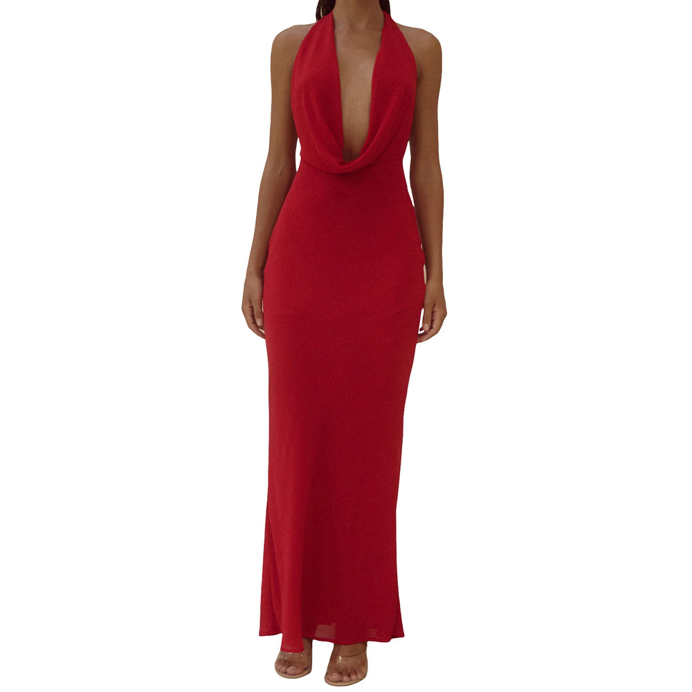 Red halter neck gown on a white background