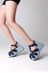 Denim Platform Flower T Strap Sandals