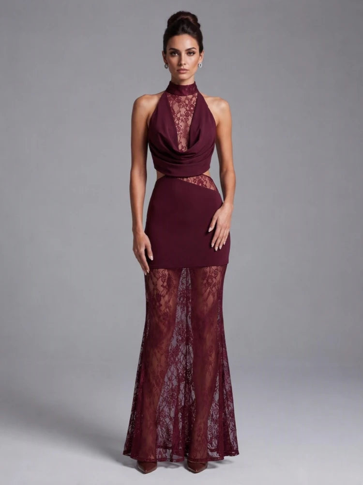 Detail shot of the lace overlay on a halter neck maxi dress.