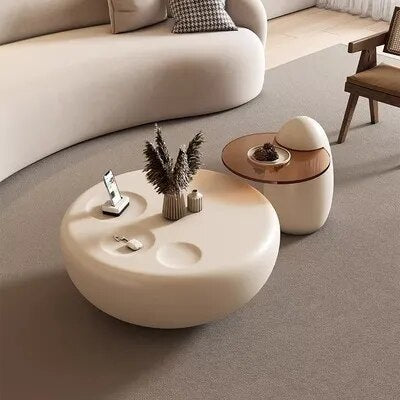 Round White Minimalist Coffee Tables With Side Tables
