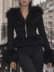 Black faux fur trimmed knit zip front top with pants