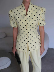 Polka dot puff sleeve mandarin collar top