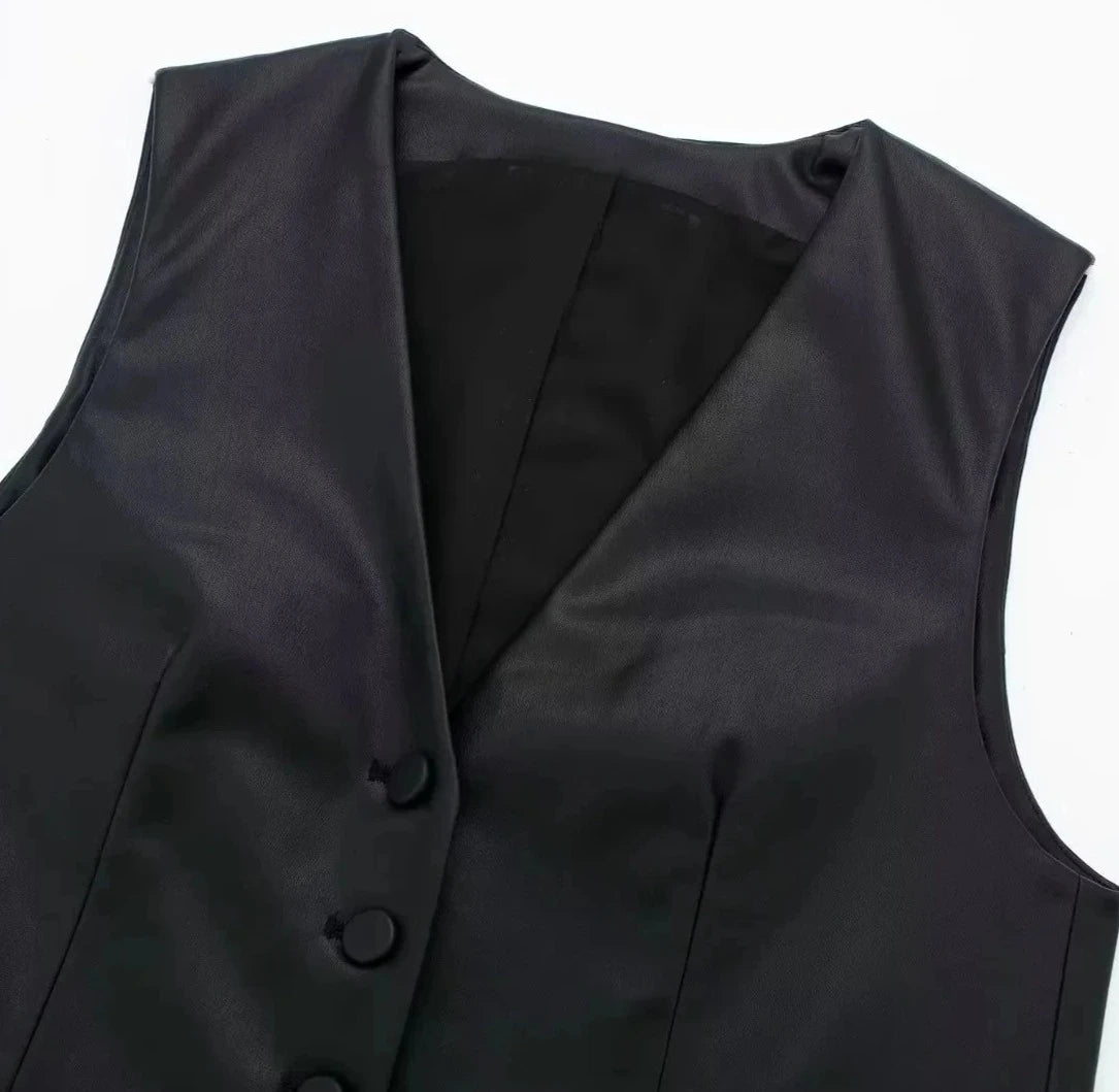 Black PU Vest Sleeveless Waistcoat Chic V-Neck Autumn Top- Golden Atelier