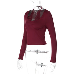 Burgundy Lace Tie Up Halter Top