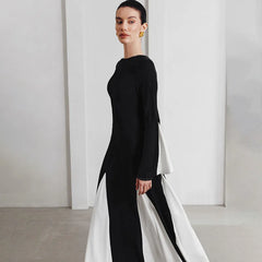 Black White Color Block Long Sleeve Maxi Dress