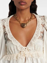 Lace V Neck Lace Up Ruffle Lace Up Blouse Top