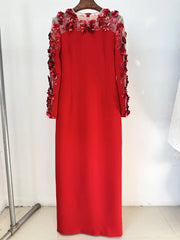 Three-Dimensional Flower Mesh Sleeve Maxi Dress