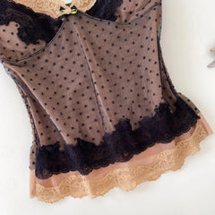 Polka Dot Lace Trim Cami Shirred Top