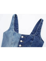 Front Button Patchwork Denim Top Elastic Wide Straps Camisole