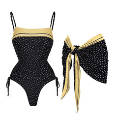 Black polka dot square neck swimsuit with yellow trim and tie sides, paired with a matching yellow and black polka dot scarf.