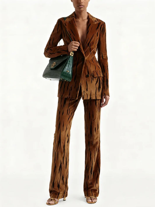 Star Embroidered Feather Trim Blazer and Flare Pant Suit