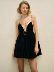 Black Velvet Deep V Neck Mini Lantern Dress