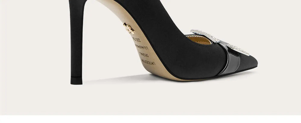 Black high-heeled shoe on a white background
