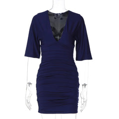 Navy Blue Deep V-Neck Sleeve Mini Dress