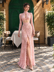 Pink lace mock neck cutout maxi dress