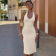 Halter Neck Ribbed Midi Dress