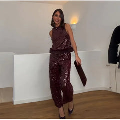 Sequin Embellished Fur Trimmed Sleeveless Top Wide Leg Pant Set