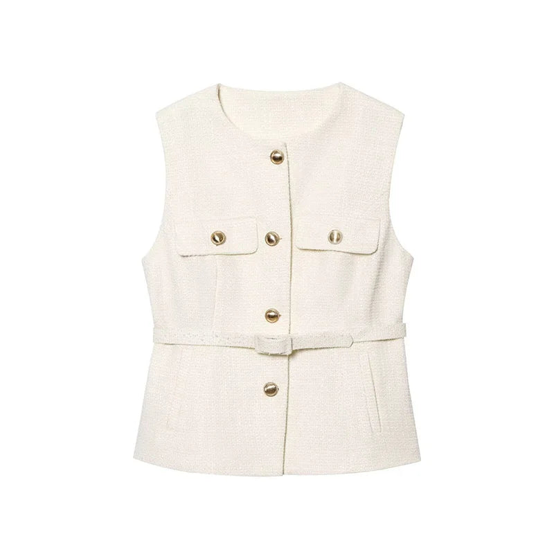 White vest with gold buttons on a white background