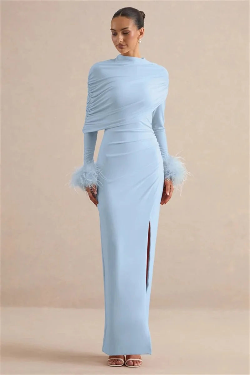 Light blue draped feather cuff maxi dress