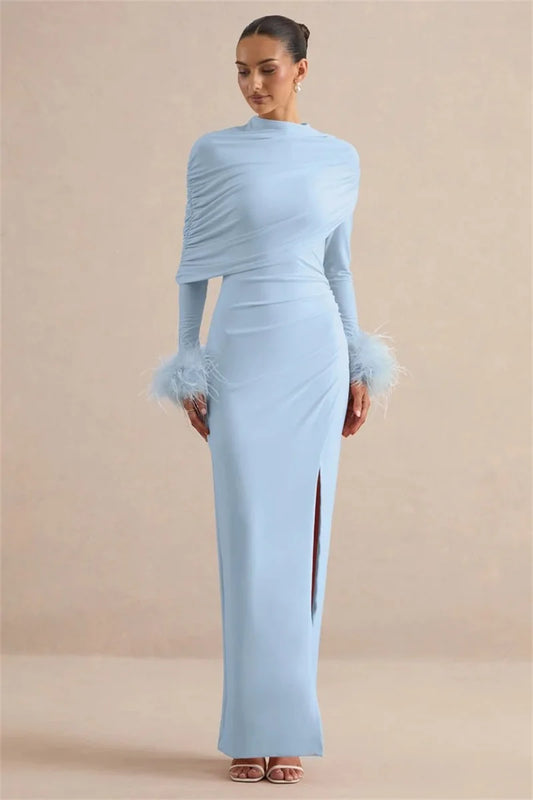 Light blue draped feather cuff maxi dress