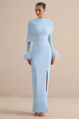 Light blue draped feather cuff maxi dress