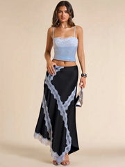 Satin Lace Patchwork Maxi Skirt