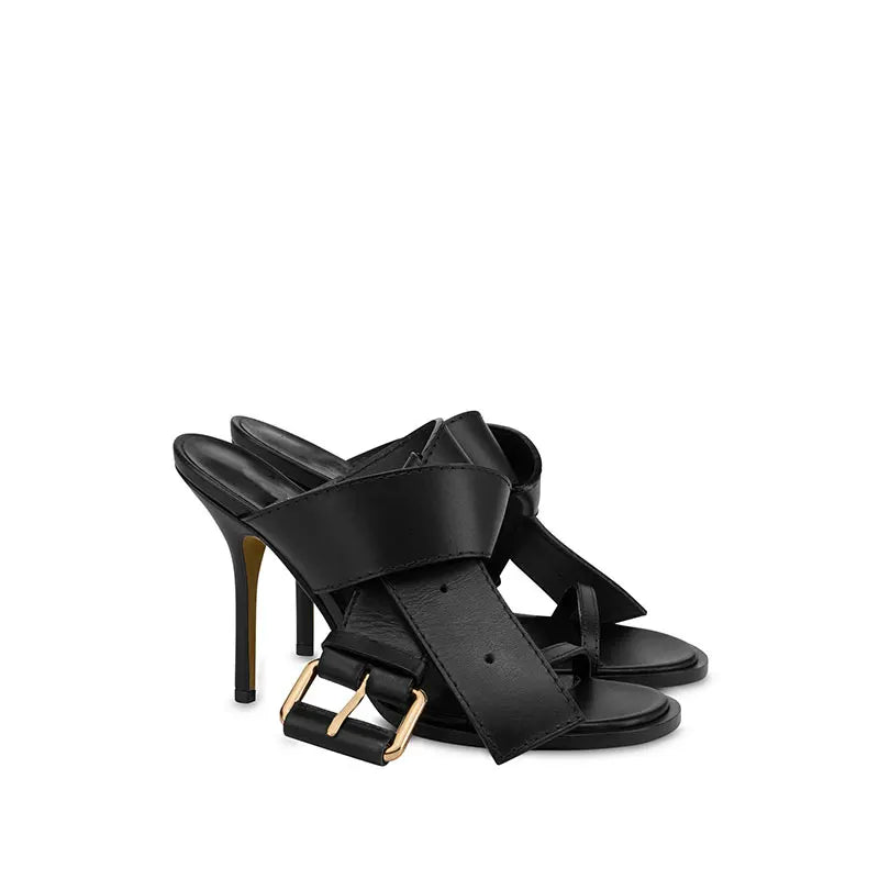 Black buckle strap stiletto mule with gold buckle
