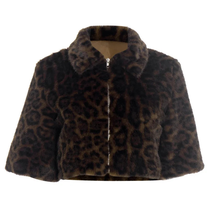 Leopard print fur jacket on a white background