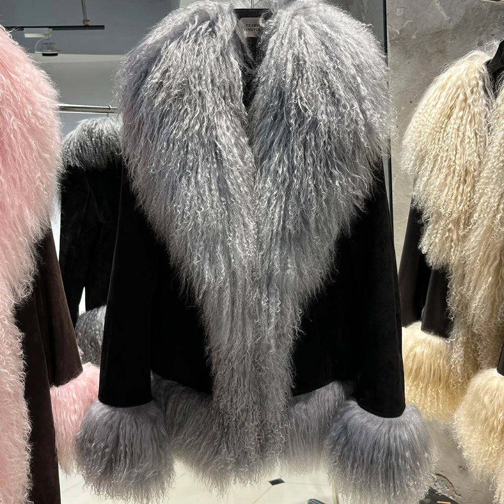 Gray fluffy coat on a mannequin with a blurred background