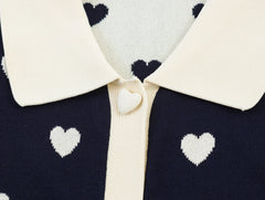 Navy Heart Jacquard Polo Knit Top