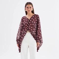 Polka Dot V-Neck Sheer Blouse Top