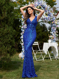 Sequin Long Mermaid Deep V-neck Prom Gowns For Women