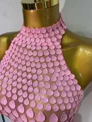 Pink Sequin Beaded Halter Mini Dress