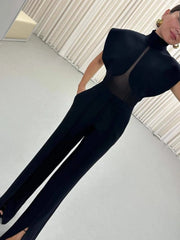 High Neck Mesh Patchwork Bodysuit