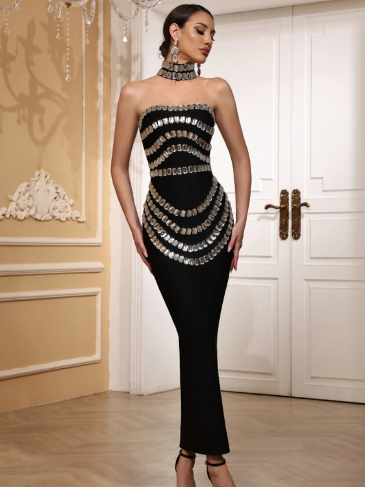 Black strapless beaded maxi dress.

