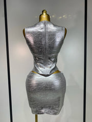 Metallic Bandage Mock Neck Tank Top and Mini Skirt Set