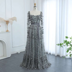 3D Flower Long Sleeves Evening Dress A-line Formal Gowns