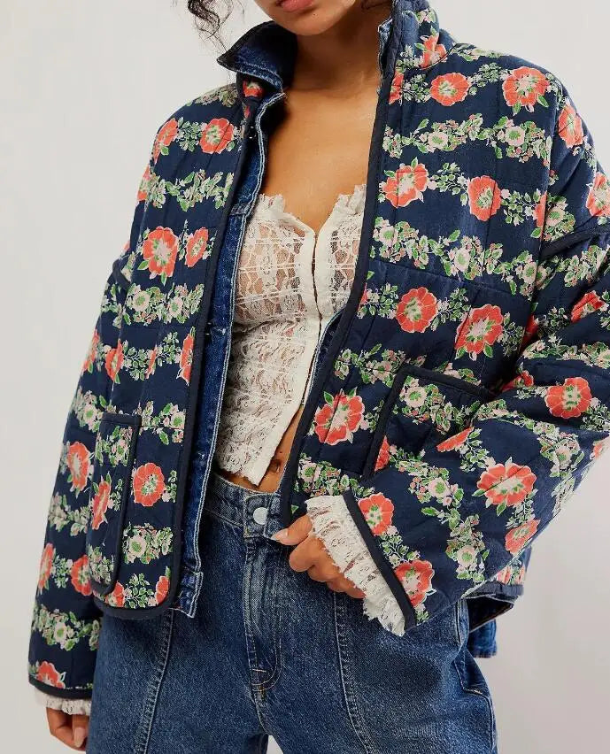 Floral quilted cropped jacket with blue denim overlay