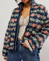 Floral quilted cropped jacket with blue denim overlay