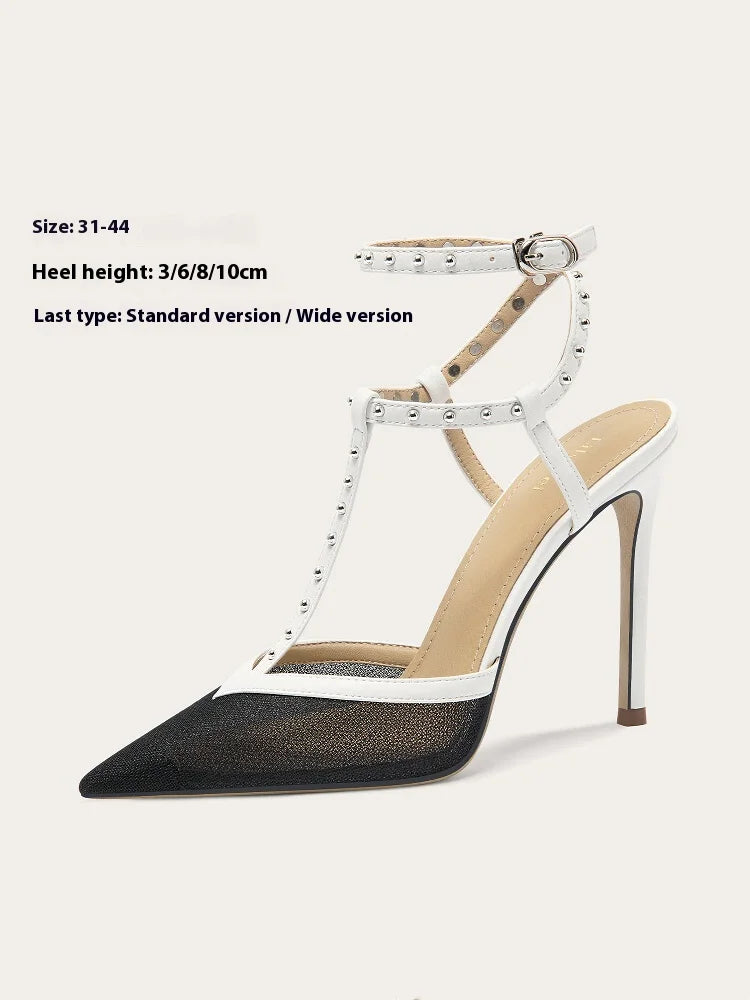 High-heeled shoe with clear strap design on a white background