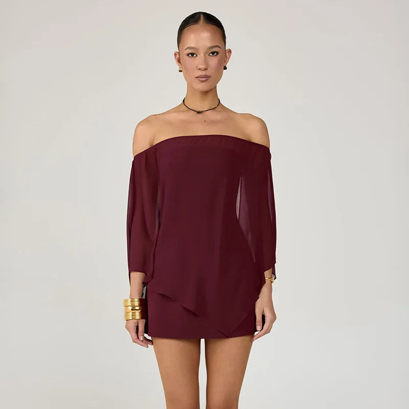 Burgundy off-shoulder draped sleeve sheath mini dress front view