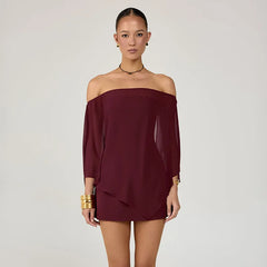 Burgundy off-shoulder draped sleeve sheath mini dress front view