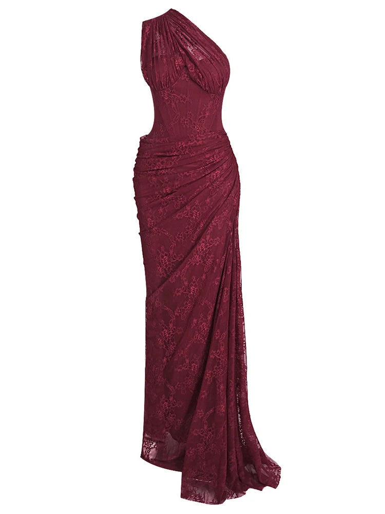 Maroon one-shoulder evening gown on a white background