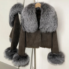 Real Fur Collar & Cuffs Suede Cropped Jacket