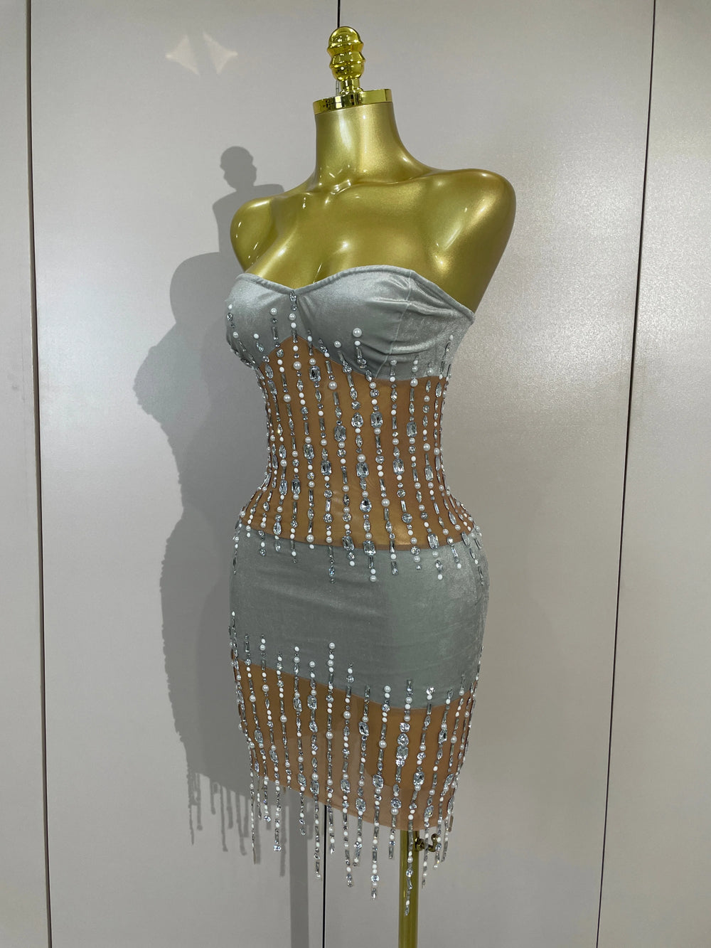 Strapless rhinestone chain mini dress side view