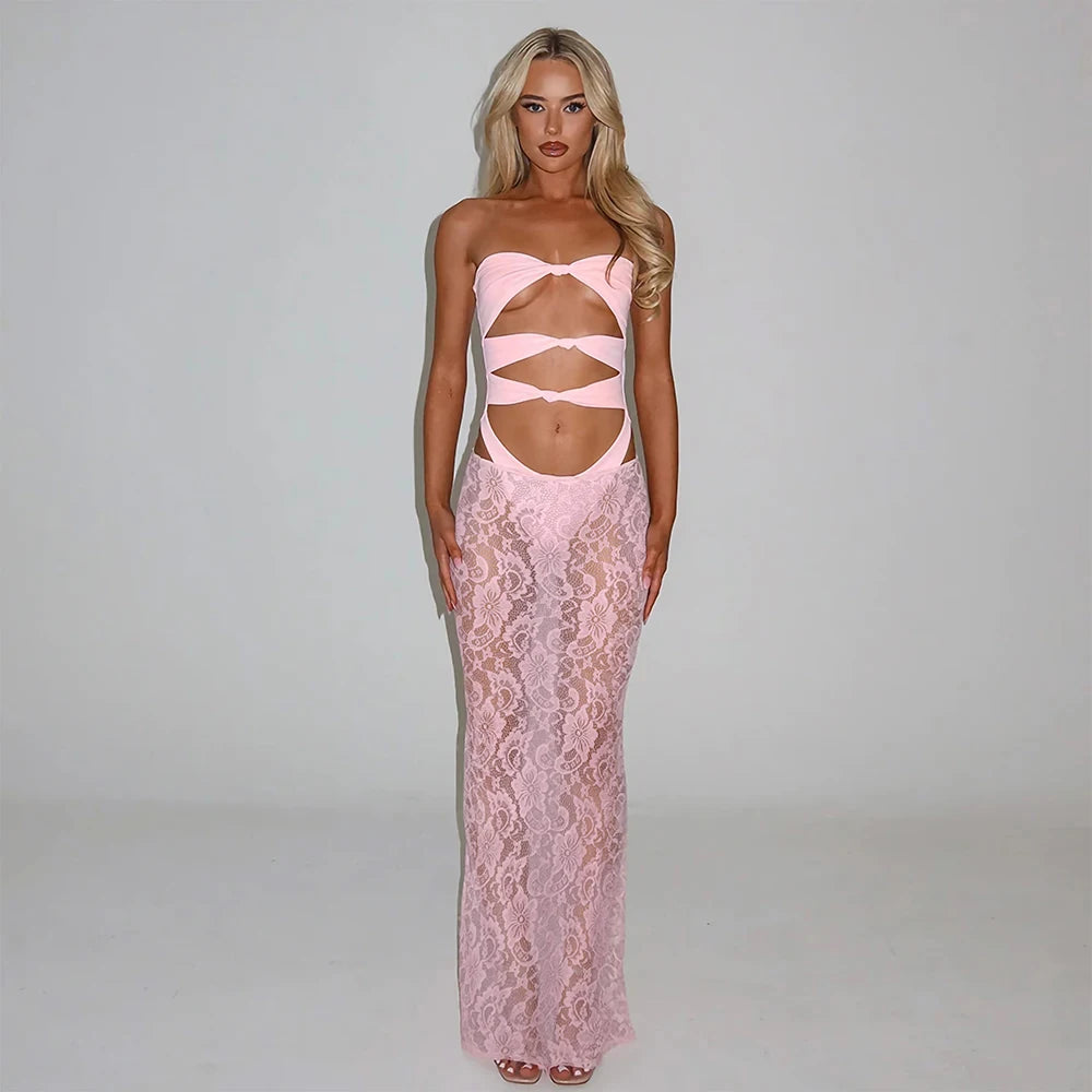 Sheer lace maxi dress beach cover-up in pink