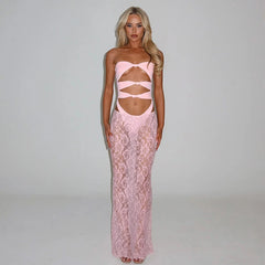 Sheer lace maxi dress beach cover-up in pink