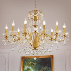 Retro brass chandelier with crystal accents and candle-style lights, illuminating a luxurious living room. Golden Atelier 3